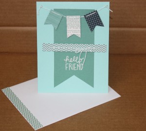 Card made from large banner piece and chevron trim from the bottom of the page - pattern appeared on the backside from the label.  Used Pool Party twine to put banner together and wrap around the chevron piece.  The square with "blessed to have you for friend" sentiment is placed on the inside of the card.