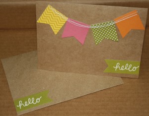 Using a premade Kraft card from a package I found at Hobby Lobby by Paper Studio this card was a cinch to make!! I took the 4 banner pieces that were the same size and sewed them onto the card with my sewing machine and then I added the green hello pennant!  How cute and simple was that?!?
